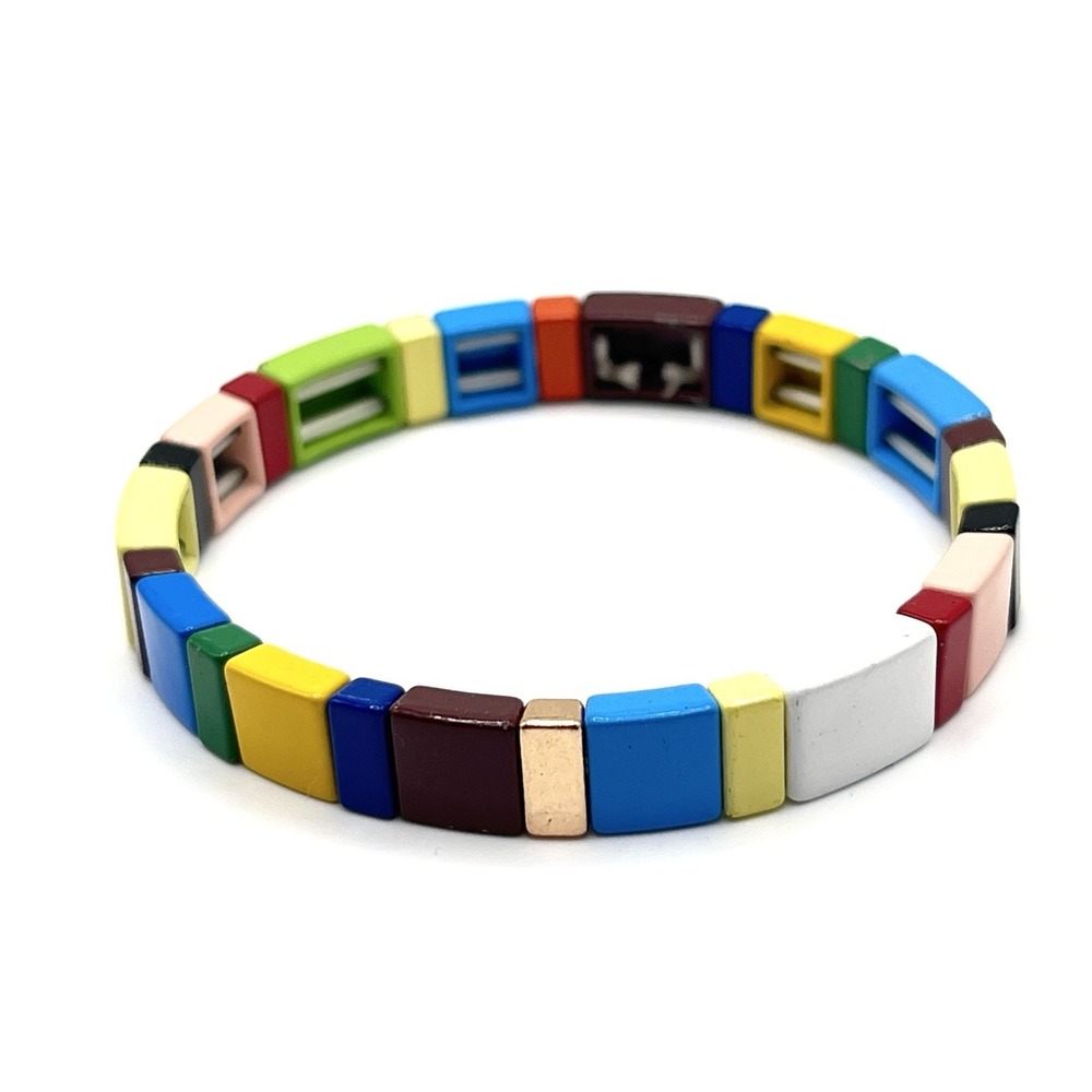 Color Block Colorful Enamel Metal Stretch Bracelet 6.5"